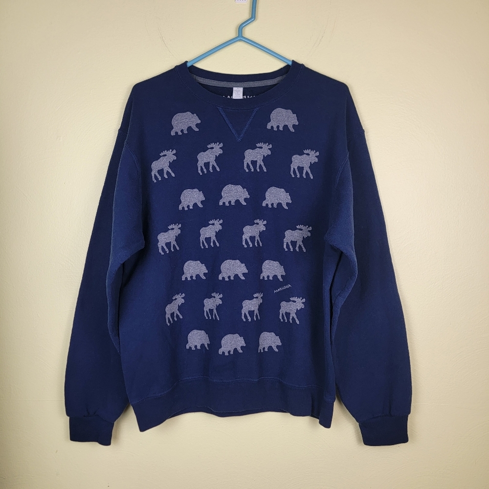 Marushka Dark Blue Bears Moose Long Sleeve Cotton Sweater Hand Printed sz M